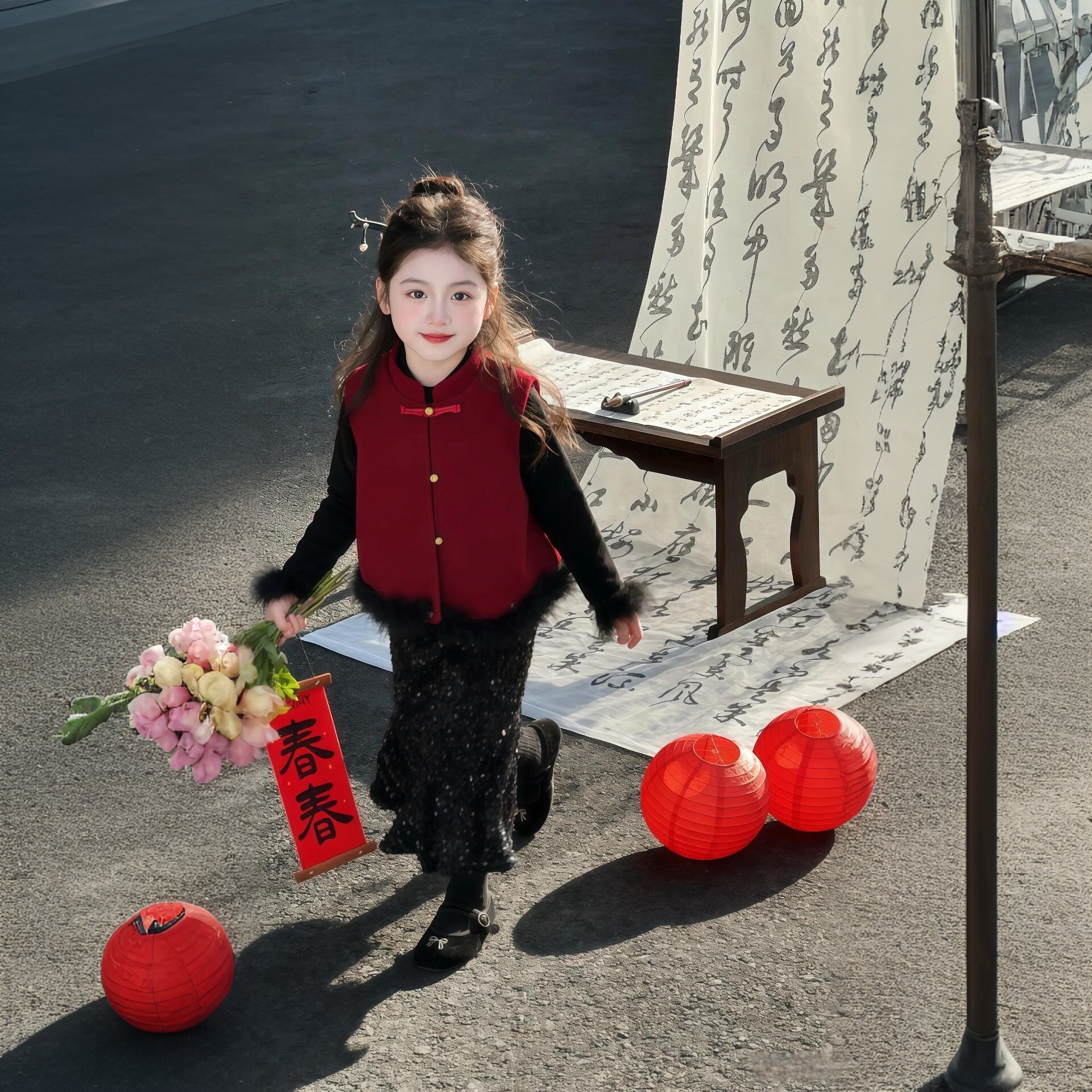 新中式国风女童巨好看冬装小香风套装红色过年衣服马甲裙子拜年服
