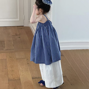 女童夏装薄款套装2026新款韩版女宝宝格子吊带裙白色阔腿裤两件套