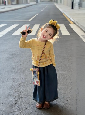 童装女童t恤纯棉长袖2026春装新款女宝超好看黄色上衣打底衫套装