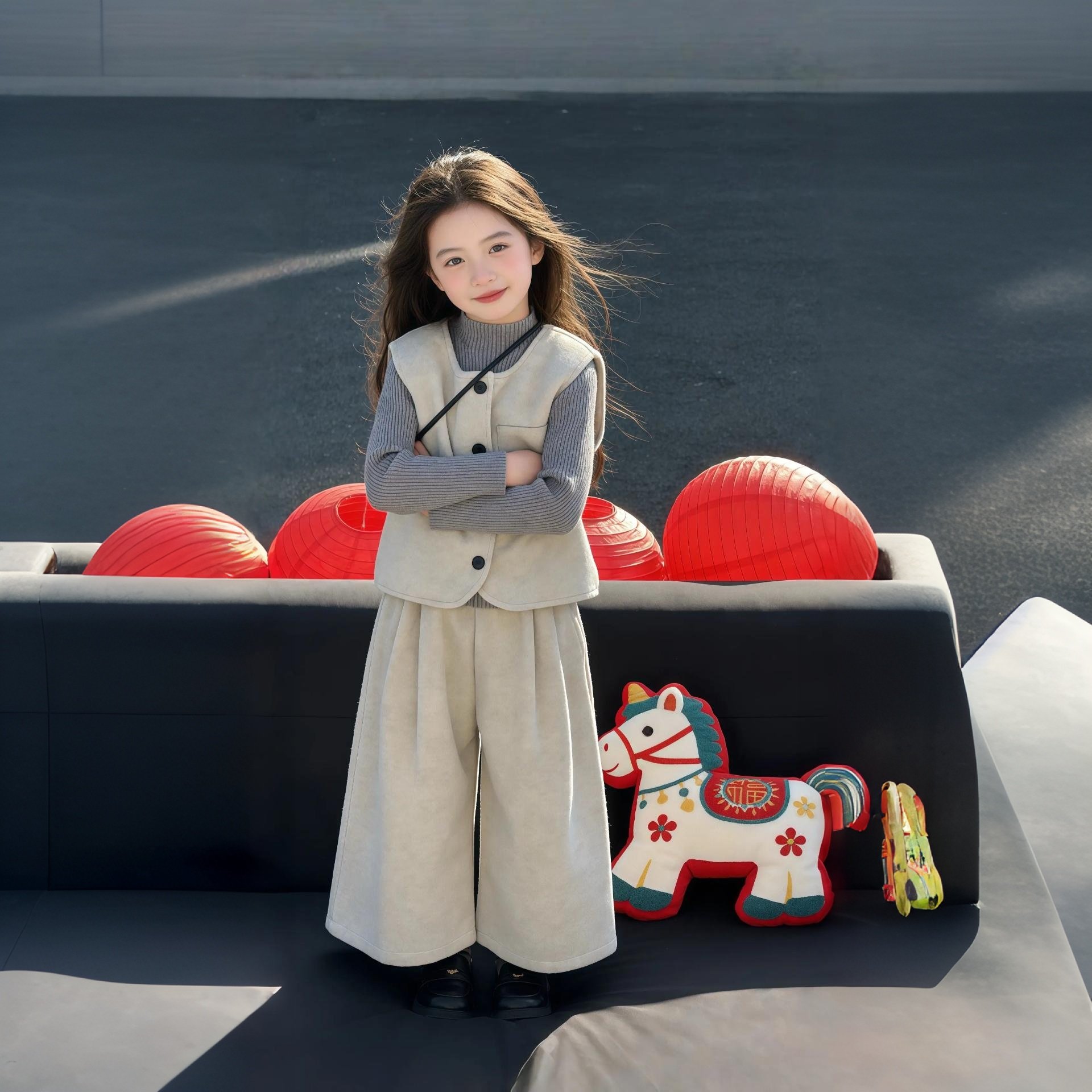 女童冬装套装2025新款儿童时髦毛呢马甲针织三件套小女孩冬季衣服