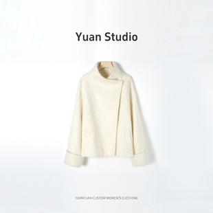 【YUAN】（衣长55）秋冬高奢拉绒大翻领羊绒拉绒毛呢外套885081