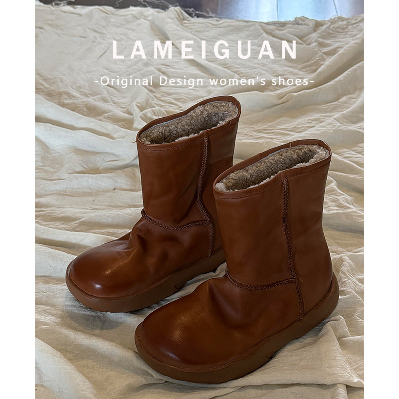 美拉德真皮加绒短筒西部靴女冬季