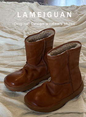 美拉德真皮加绒短筒西部靴女2025冬季新款棕色增高厚底毛毛雪地靴