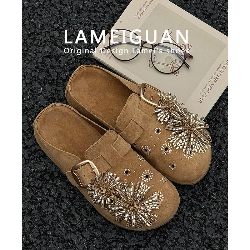 小众烟花水钻棕色厚底勃肯鞋女外穿2026春季新款复古增高包头拖鞋