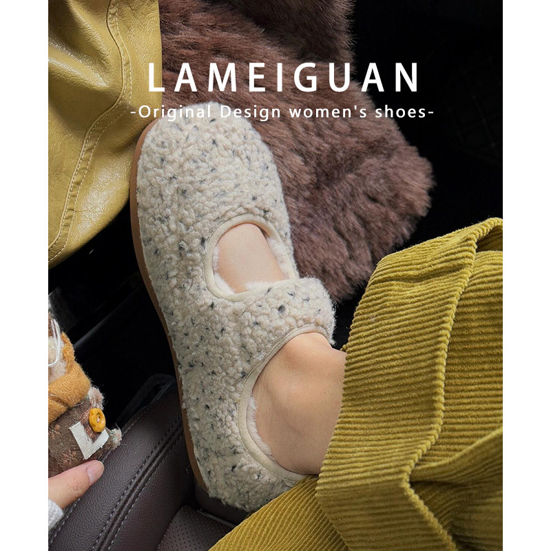 白色斑点羊羔毛毛鞋女外穿2025冬季外穿新款加绒平底玛丽珍棉单鞋