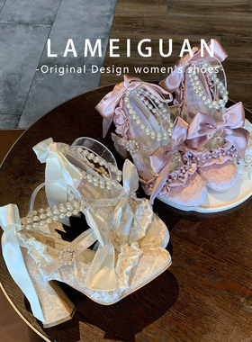 优雅复古丝绒蝴蝶结lolita高跟鞋女粗跟2026新款法式玛丽珍珠单鞋