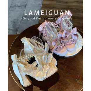 优雅复古丝绒蝴蝶结lolita高跟鞋女粗跟2026新款法式玛丽珍珠单鞋