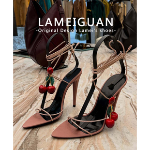 优雅性感粉色樱桃绑带细跟凉鞋女2026春季新款气质尖头露趾高跟鞋