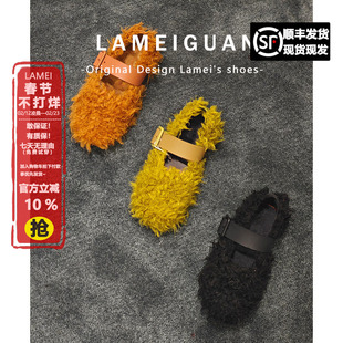 小众气质毛毛扣带平底圆头单鞋女2025新款黄色浅口加绒玛丽珍棉鞋