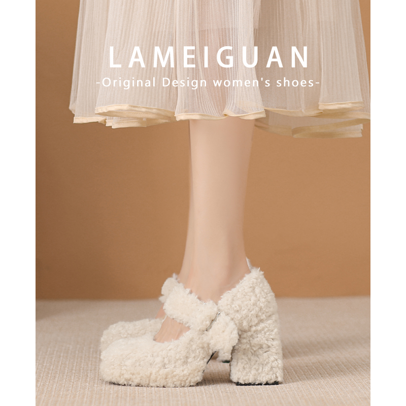 白色羊羔毛毛玛丽珍高跟鞋女粗跟