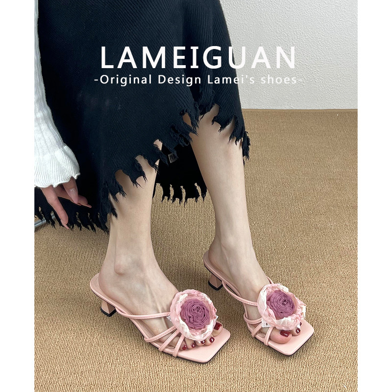 粉色甜美玫瑰方头露趾高跟凉鞋女2026夏季新款性感气质粗跟凉拖鞋