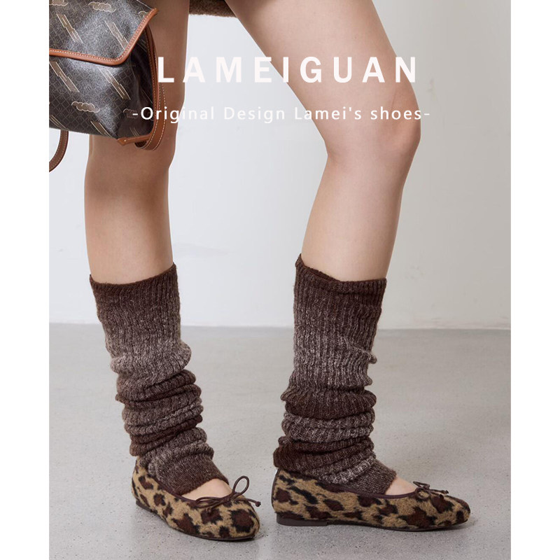 法式豹纹蝴蝶结加绒平底芭蕾单鞋女2025秋冬新款圆头浅口毛毛棉鞋