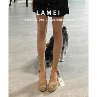 复古包头绑带坡跟凉鞋 法式 女2025夏季 编织镂空亚麻草编厚底渔夫鞋