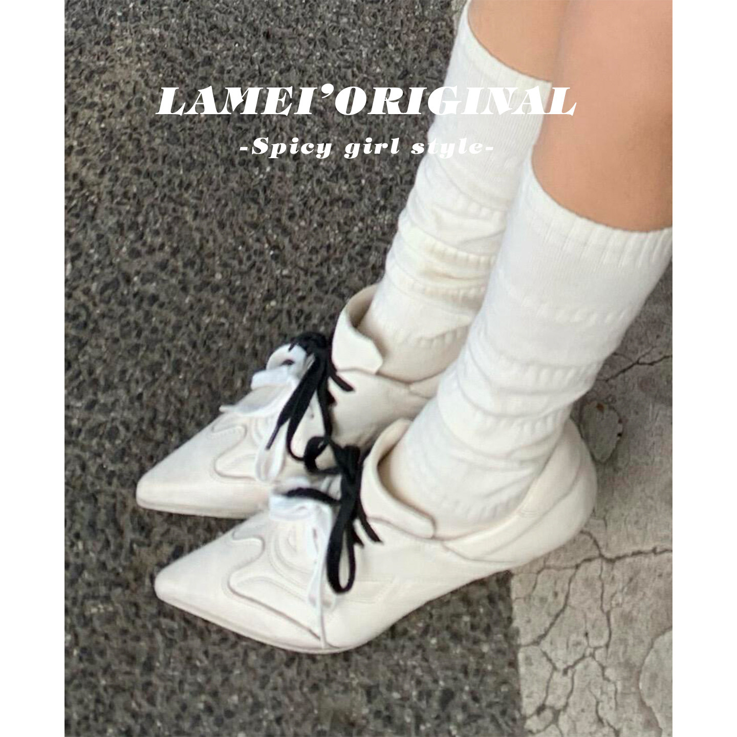 白色设计系带坡跟时装德训鞋女2026夏季新款复古尖深口高跟单鞋