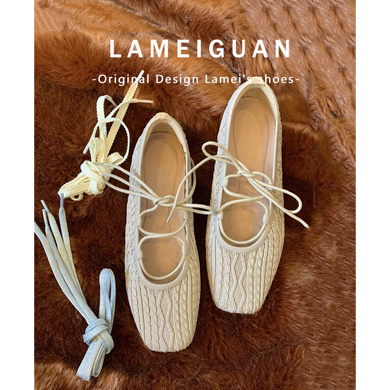 法式晚晚风针织方头芭蕾舞鞋女春2026新款杏色浅口平底玛丽珍单鞋