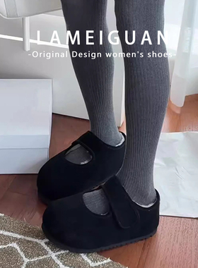 牛皮版！黑色厚底羊羔毛毛鞋女秋冬外穿复古内增高玛丽珍包头单鞋