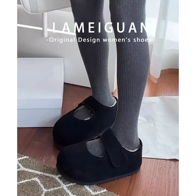 牛皮版！黑色厚底羊羔毛毛鞋女秋冬外穿复古内增高玛丽珍包头单鞋