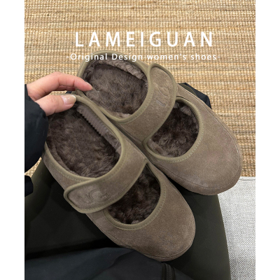 胡桃木色加绒平底豆豆鞋女外穿