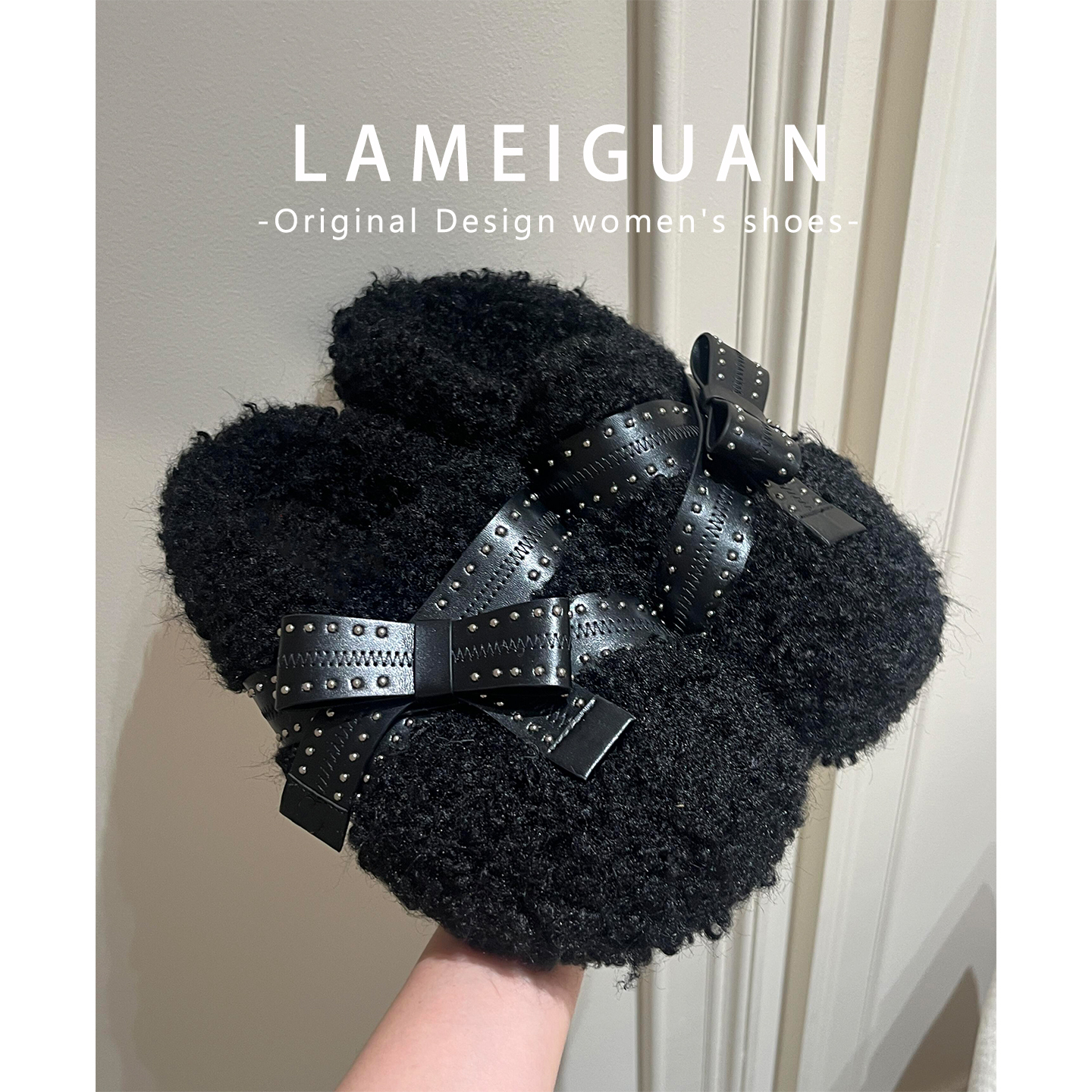 比熊黑色泰迪绒厚底勃肯鞋棉鞋女