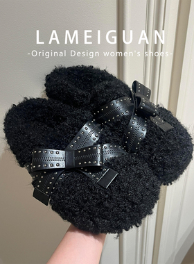 比熊黑色泰迪绒厚底勃肯鞋棉鞋女外穿2025秋冬新款保暖毛毛包头拖