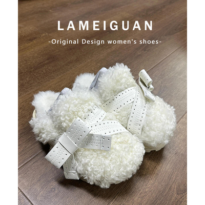白色蝴蝶结羊羔毛毛厚底包头拖鞋