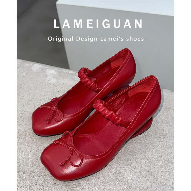 绝美方头蝴蝶结红色高跟鞋小个子女春2026新款气质悬浮跟浅口单鞋