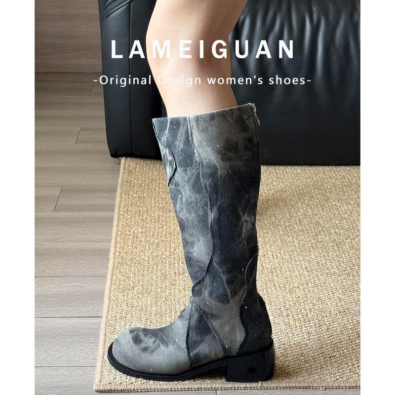 擦色做旧圆头粗跟长筒靴女2025秋冬新款复古风增高高筒机车骑士靴