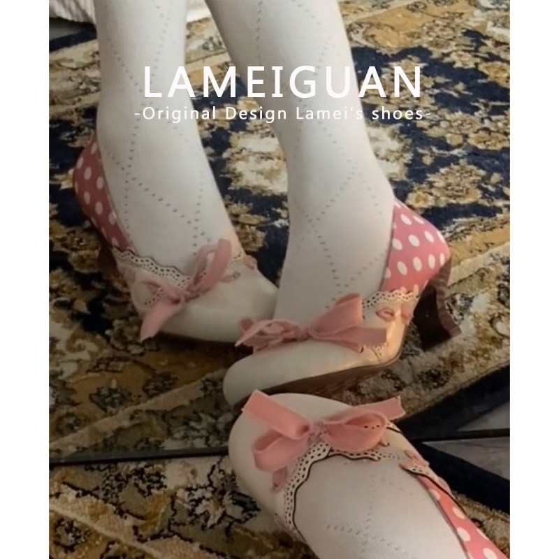 2026春季新款粉色设计感蝴蝶结波点粗跟圆头单鞋女甜美浅口高跟鞋