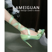 绿色绝美浅口圆头细跟单鞋 性感缎面绑带蝴蝶结高跟鞋 女春2026新款