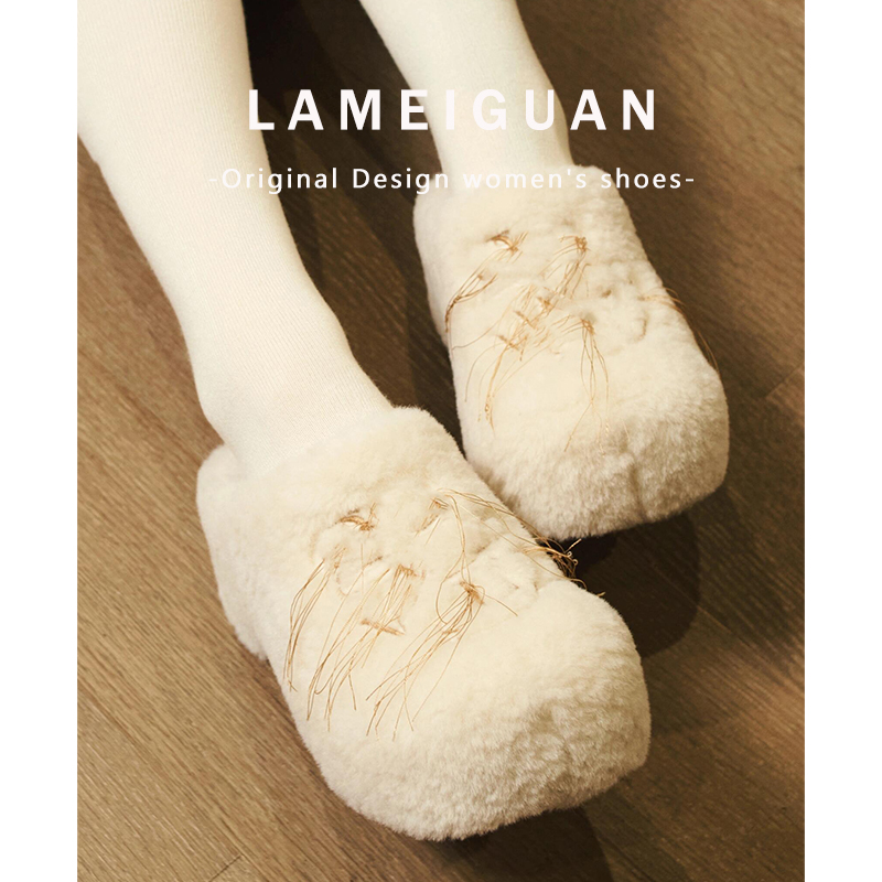 甜美溜须兔毛绒白色包头拖鞋外穿