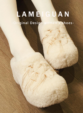 甜美溜须兔毛绒白色包头拖鞋女外穿2025新款松糕厚底加绒勃肯棉鞋