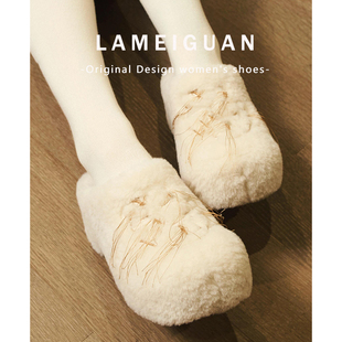 甜美溜须兔毛绒白色包头拖鞋女外穿2025新款松糕厚底加绒勃肯棉鞋