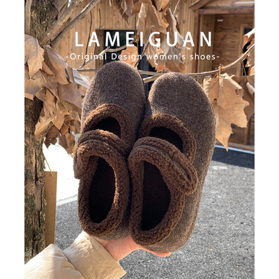 复古棕色魔术贴内增高毛毛鞋外穿