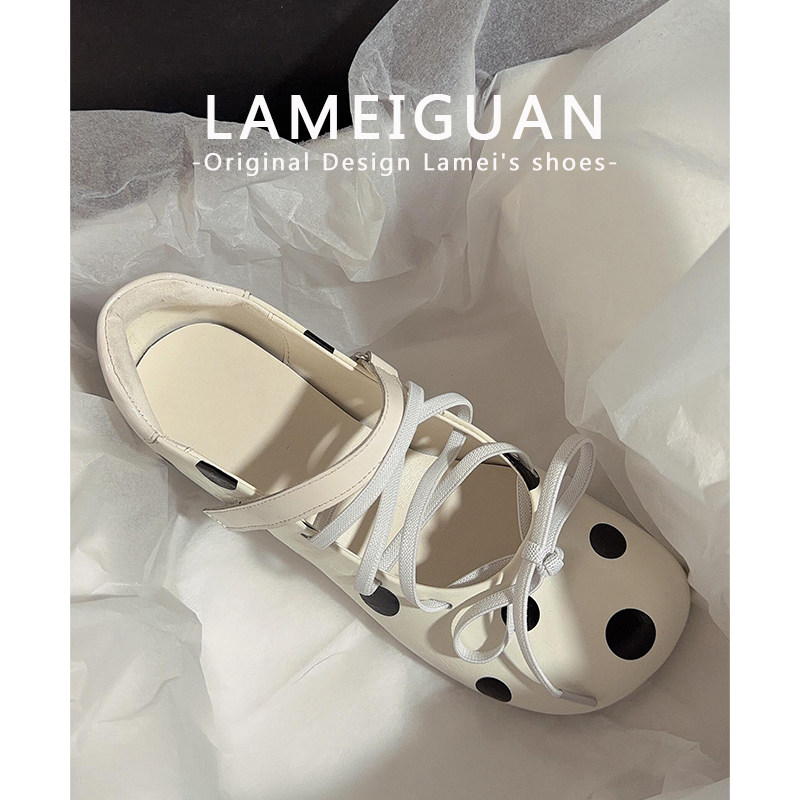 法式波点粗跟白色高跟玛丽珍鞋女2026春季新款设计感系带浅口单鞋