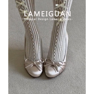 法式裸粉色蝴蝶结缎面高跟鞋女2026春季新款气质浅口细跟圆头单鞋