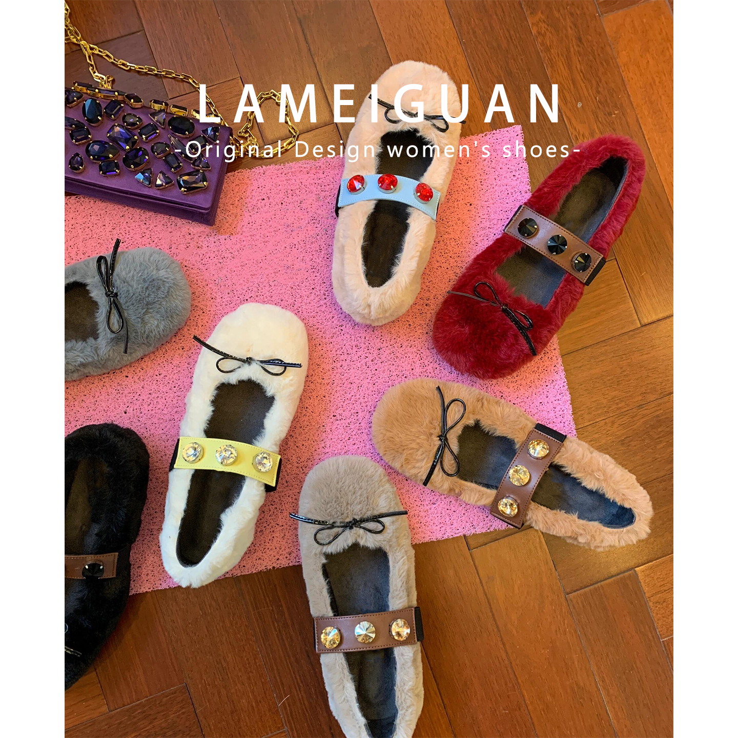 法式水钻蝴蝶结玛丽珍毛毛鞋女2025秋冬新款红色浅口平底加绒单鞋