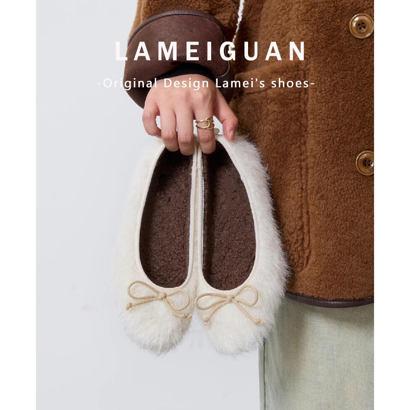 法式晚晚风加绒芭蕾舞鞋女2025秋冬新款气质白色浅口平底毛毛单鞋