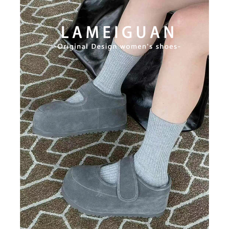 灰色真皮厚底加绒玛丽珍鞋女秋冬