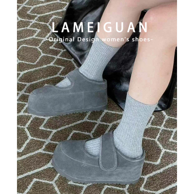 灰色真皮厚底加绒玛丽珍鞋女秋冬