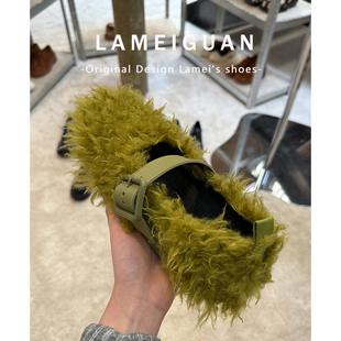 法式扣带羊羔毛毛玛丽珍鞋女2025秋冬新款绿色浅口平底加绒棉单鞋