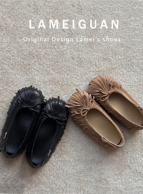 法式流苏蝴蝶结圆头内增高单鞋女2025新款复古棕色浅口平底芭蕾鞋