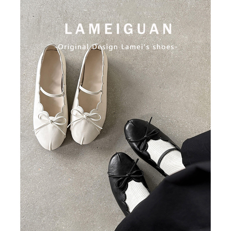 法式蝴蝶结花瓣边平底玛丽珍鞋女春2026新款黑色气质浅口圆头单鞋