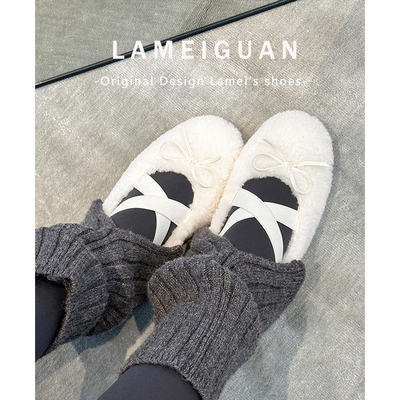 法式蝴蝶结平底芭蕾玛丽珍毛毛鞋