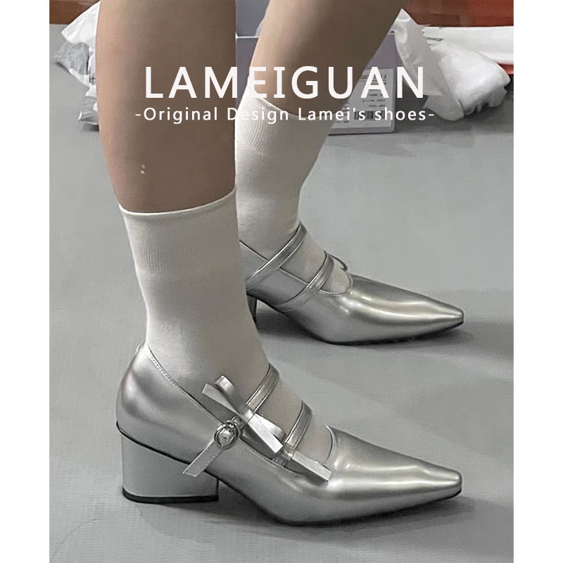 性感尖头蝴蝶结粗跟玛丽珍鞋女2026春季新款银色法式浅口高跟单鞋,女鞋,浅口单鞋,淘宝优惠券,粉丝福利购,淘宝优惠卷