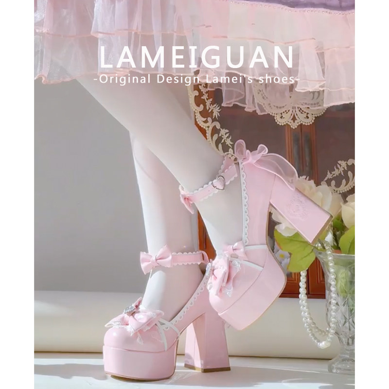 甜美蝴蝶结扣带Lolita玛丽珍鞋女2026春季新款粉色粗跟浅口高跟鞋