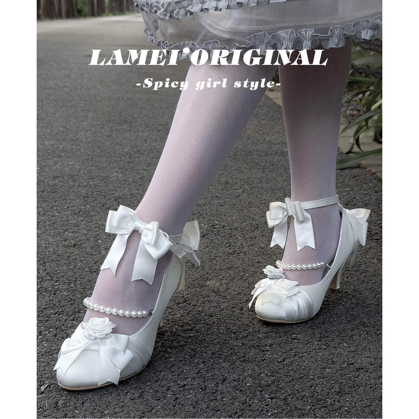 法式Lolita珍珠扣带圆头高跟鞋女