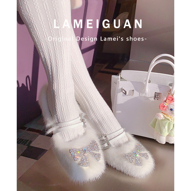 绝美水晶跟蝴蝶结加绒白色玛丽珍鞋女2026新款浅口毛毛粗跟高跟鞋,女鞋,玛丽珍鞋,淘宝优惠券,粉丝福利购,淘宝优惠卷