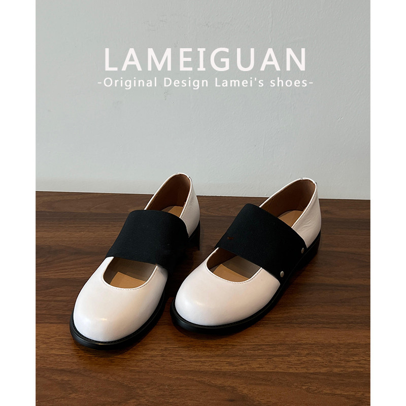 法式松紧带平底玛丽珍小皮鞋女2026春季新款白色气质浅口圆头单鞋