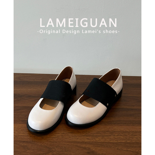 法式松紧带平底玛丽珍小皮鞋女2026春季新款白色气质浅口圆头单鞋