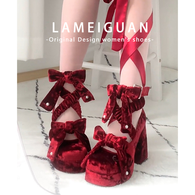 红色丝绒防水台蝴蝶结高跟鞋粗跟
